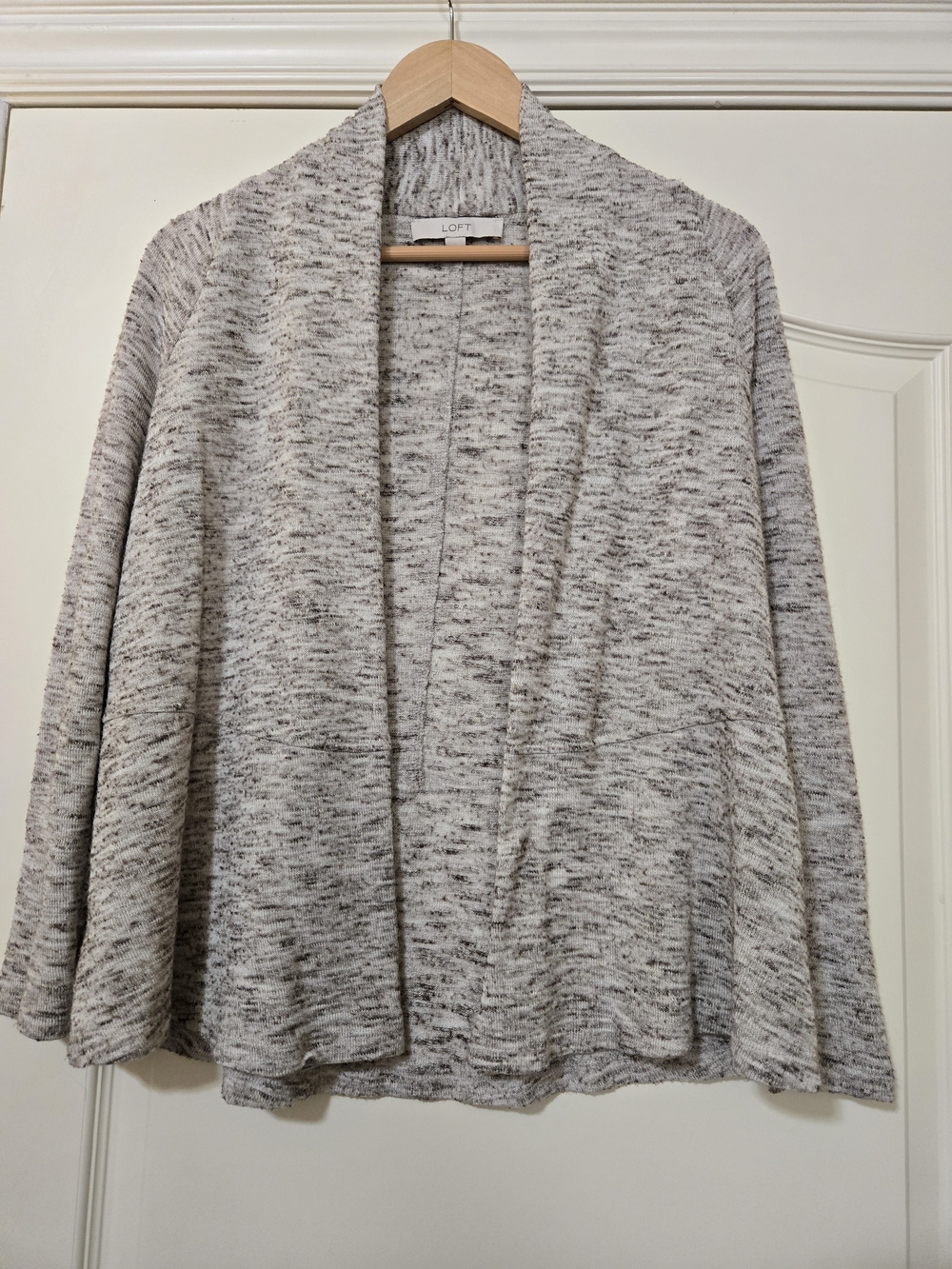 LOFT Heathered Open-Front Shawl Cardigan in Light Gray Marled